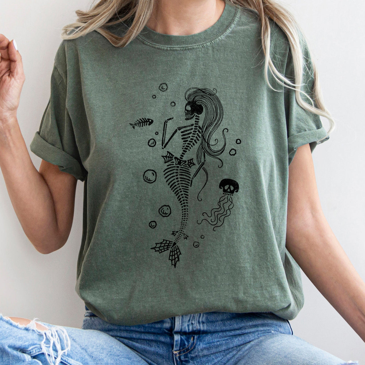 Mermaid Skeleton Jellyfish Retro Halloween Oceanic Nightscape Edition Comfort Colors Tee