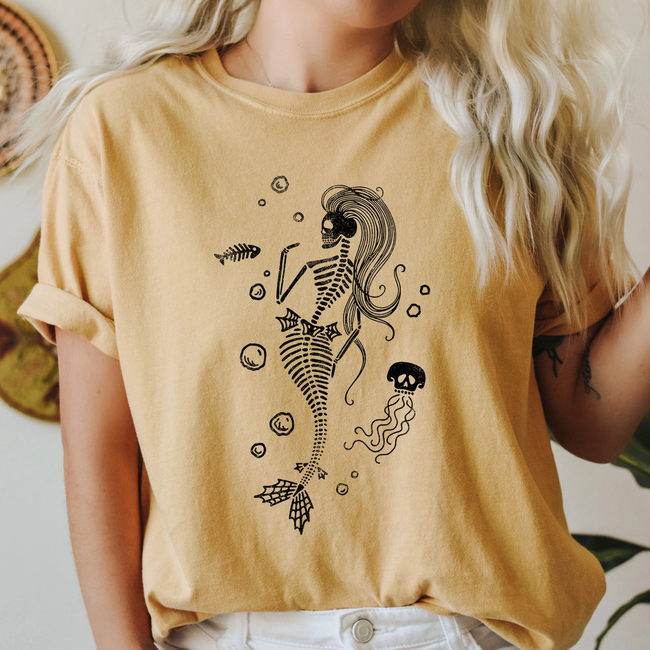 Mermaid Skeleton Jellyfish Retro Halloween Oceanic Nightscape Edition Comfort Colors Tee