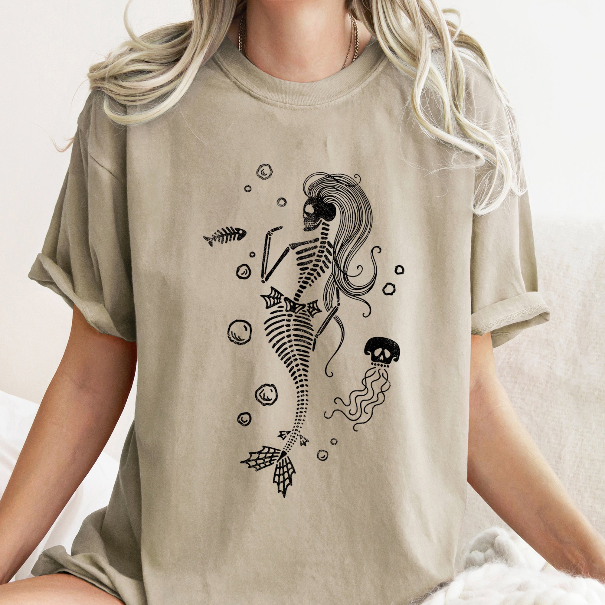 Mermaid Skeleton Jellyfish Retro Halloween Oceanic Nightscape Edition Comfort Colors Tee