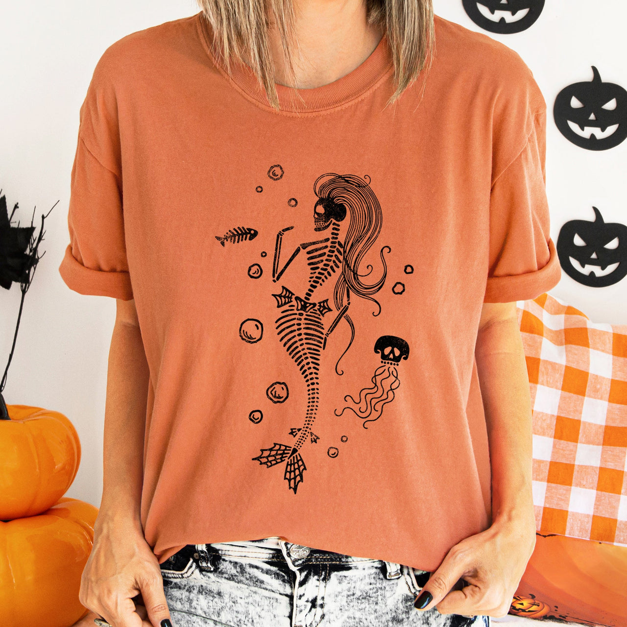Mermaid Skeleton Jellyfish Retro Halloween Oceanic Nightscape Edition Comfort Colors Tee