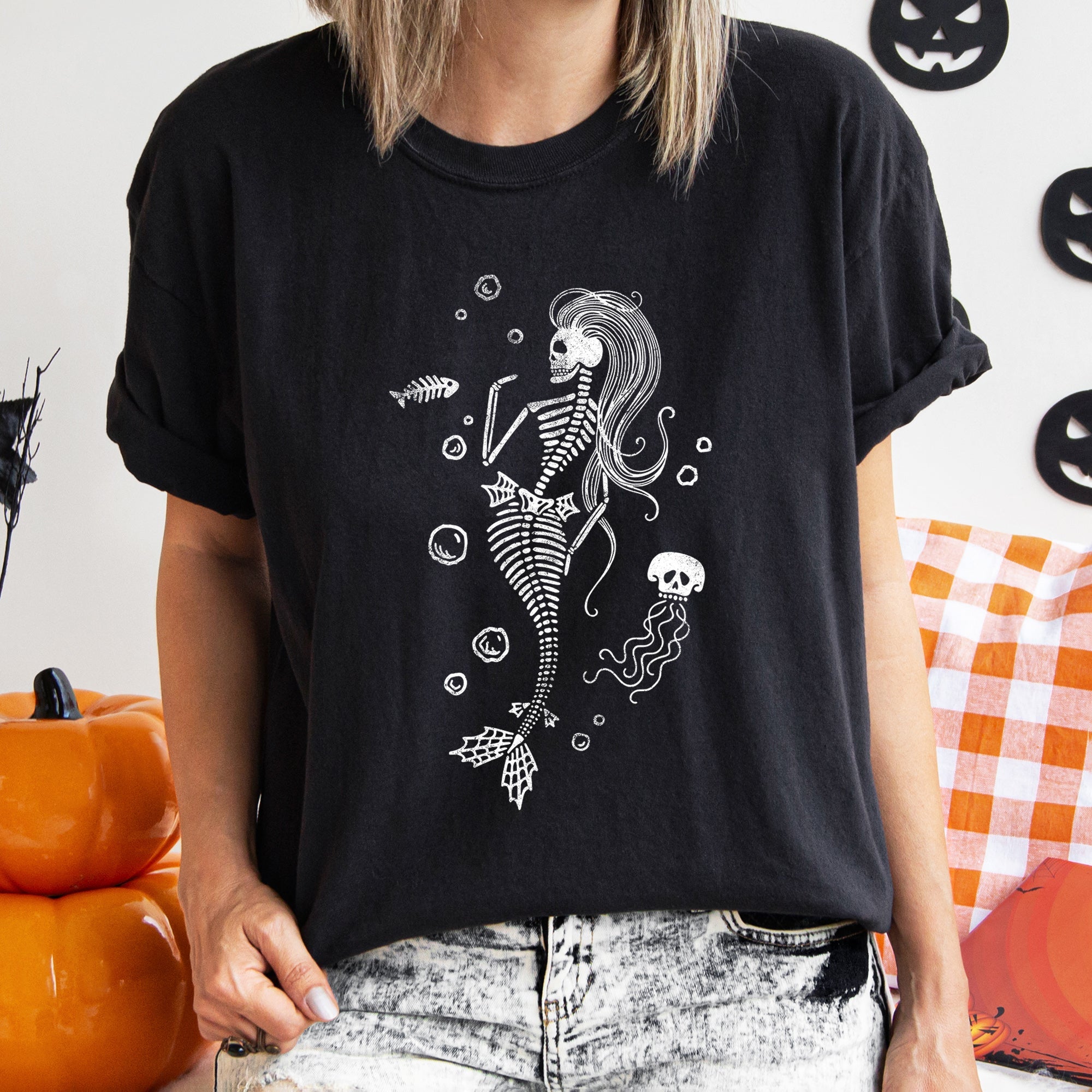 Mermaid Skeleton Jellyfish Retro Halloween Ocean Creature Illustration Comfort Colors Tee