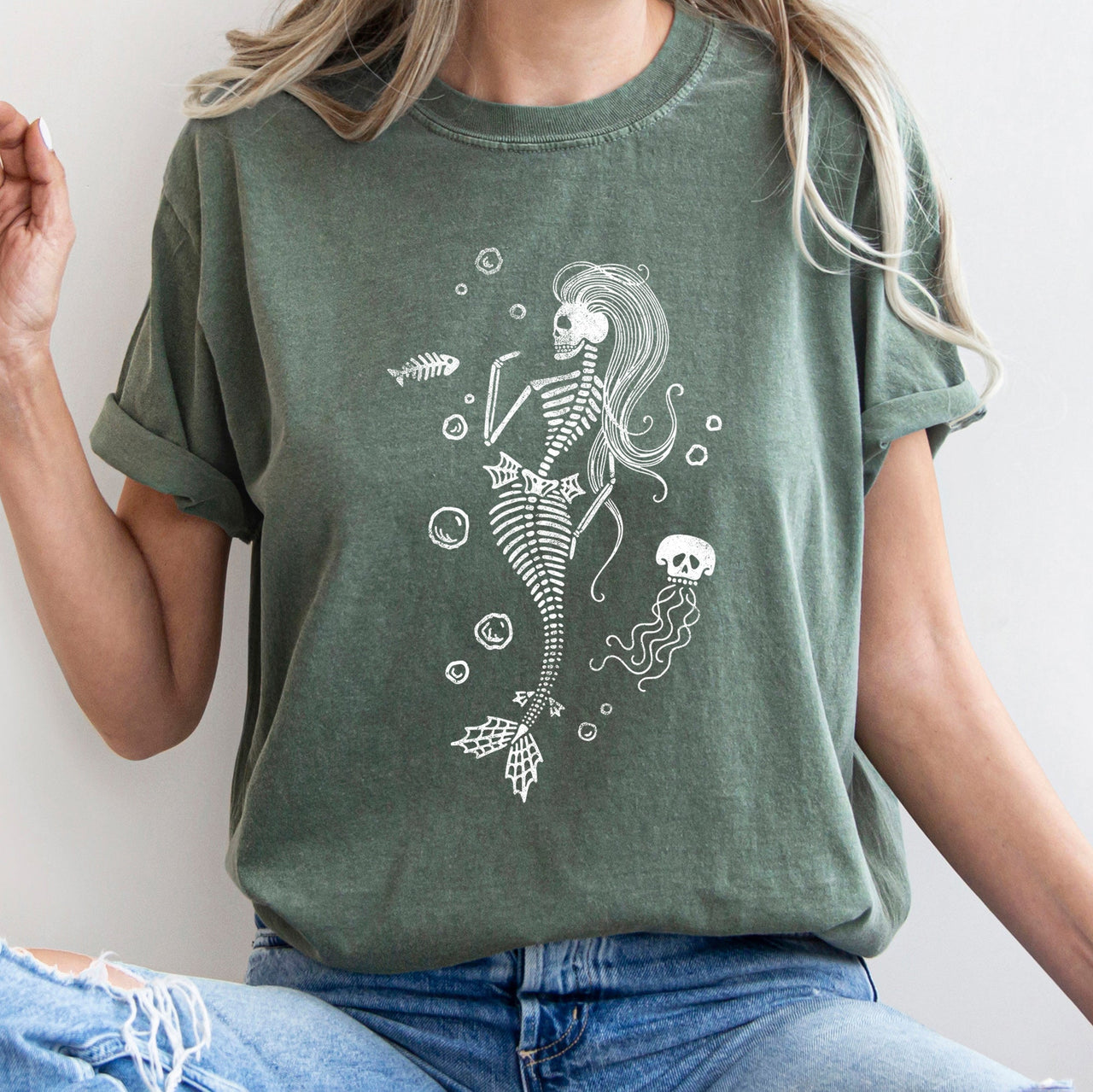 Mermaid Skeleton Jellyfish Retro Halloween Ocean Creature Illustration Comfort Colors Tee