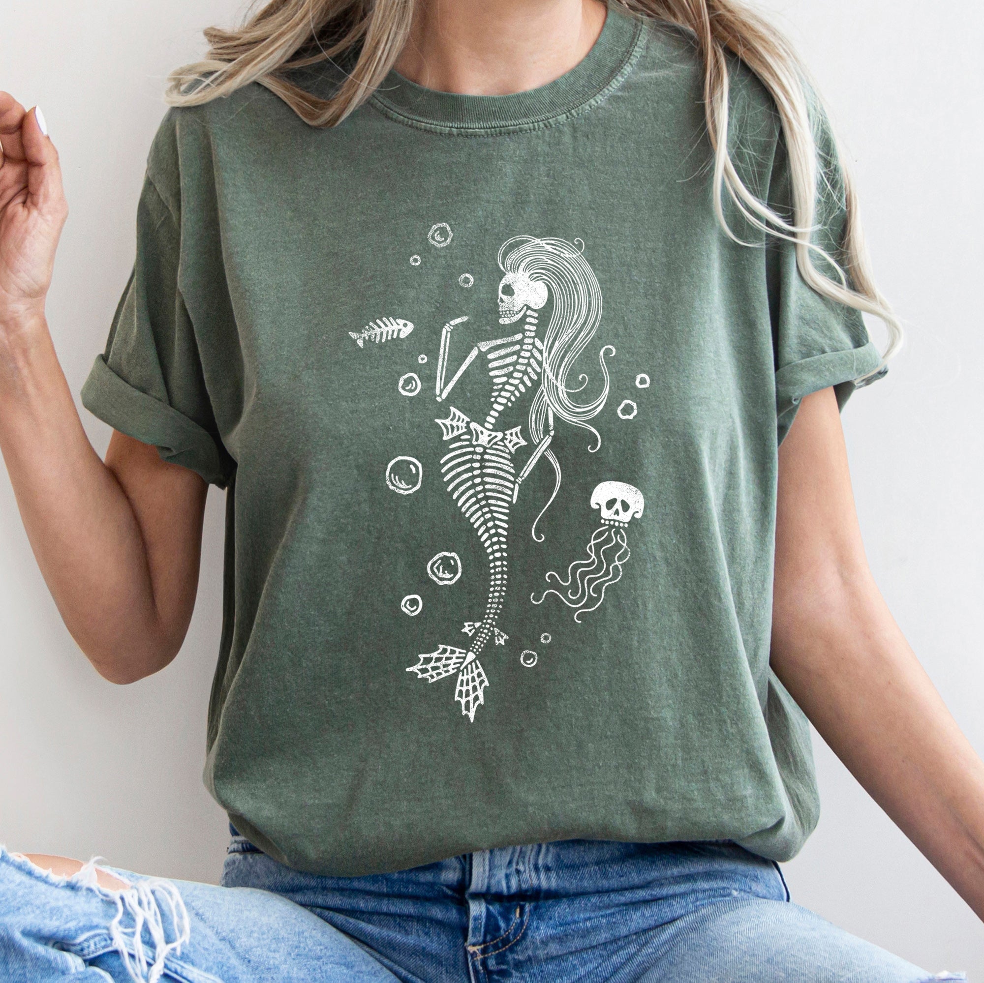 Mermaid Skeleton Jellyfish Retro Halloween Ocean Creature Illustration Comfort Colors Tee