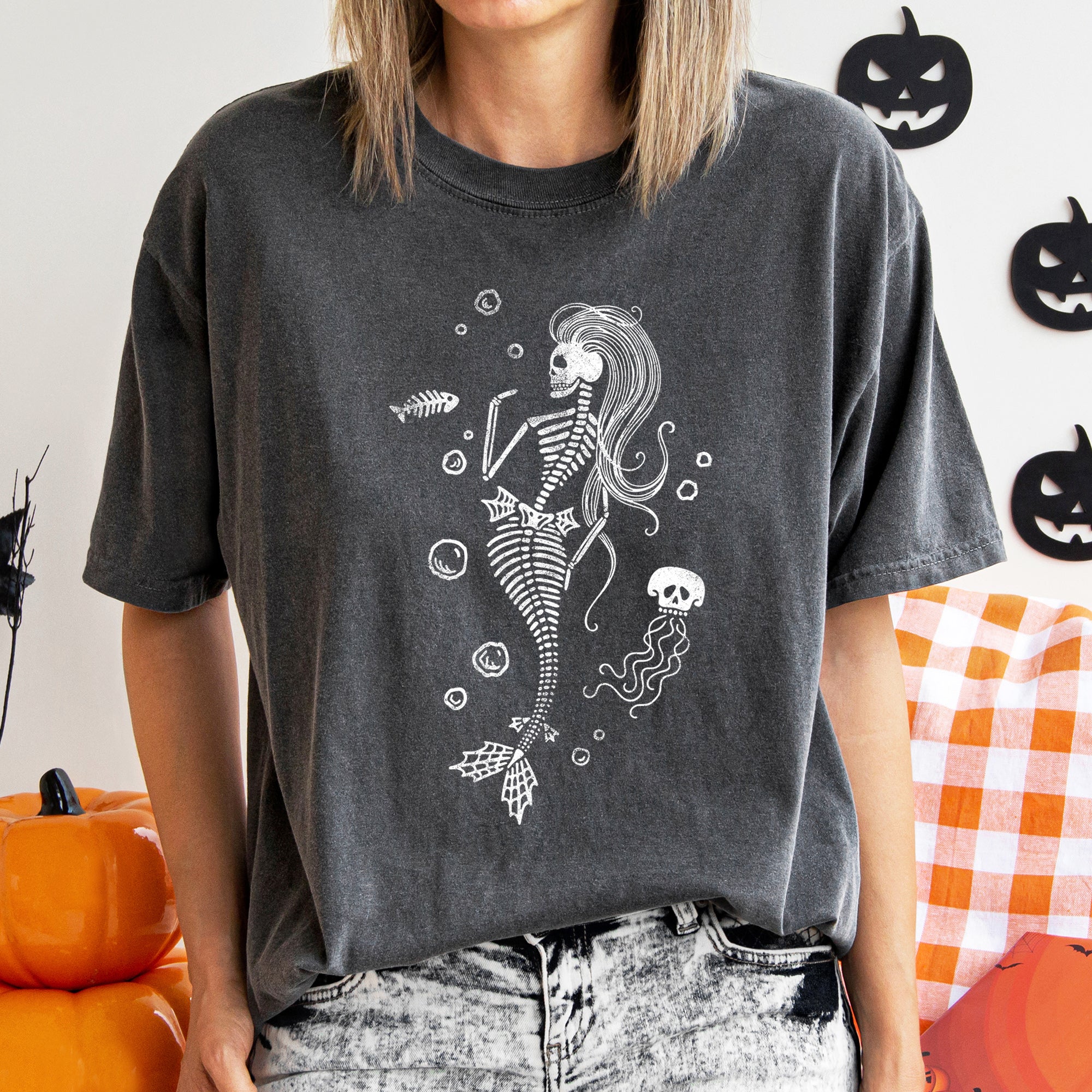 Mermaid Skeleton Jellyfish Retro Halloween Ocean Creature Illustration Comfort Colors Tee