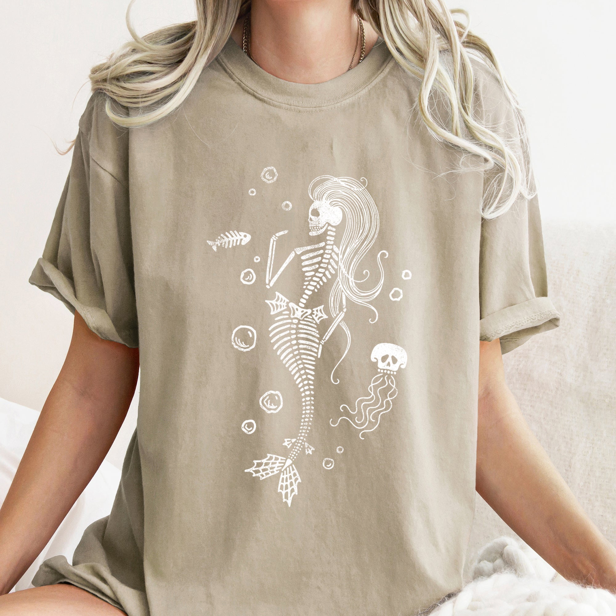 Mermaid Skeleton Jellyfish Retro Halloween Ocean Creature Illustration Comfort Colors Tee
