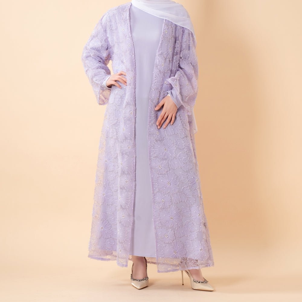 Mesh Flower Bead Open Abaya and Satin Interior Dress 2-Piece Set  | Elegant Muslim Wedding Guest Outfit(MOA222)