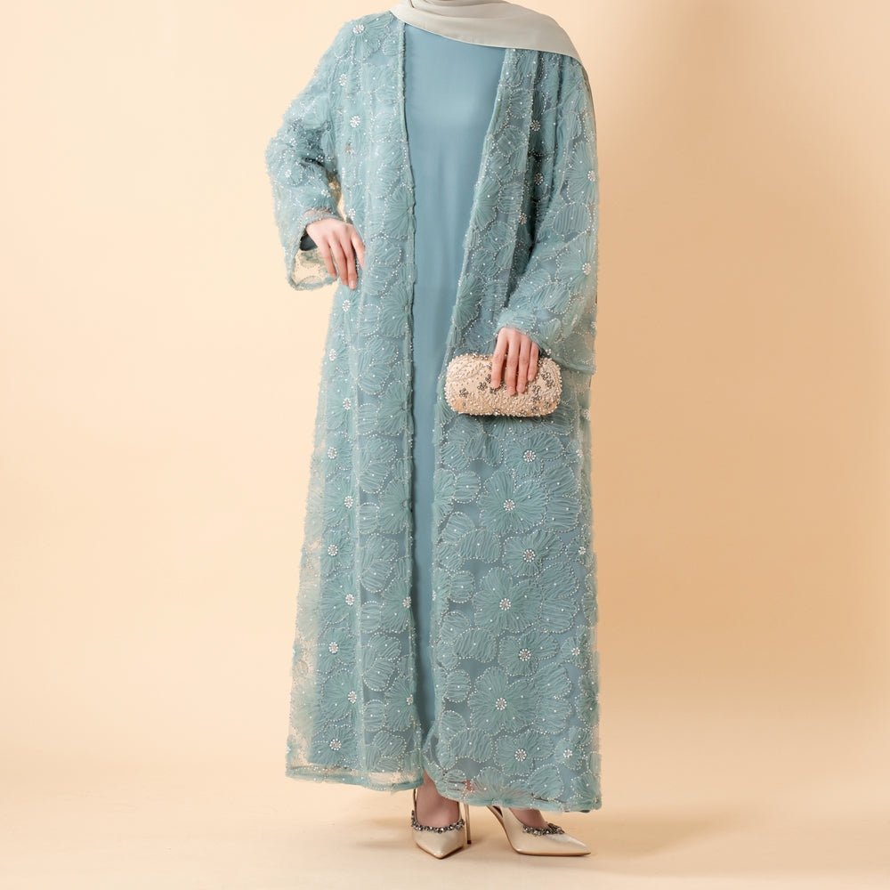 Mesh Flower Bead Open Abaya and Satin Interior Dress 2-Piece Set  | Elegant Muslim Wedding Guest Outfit(MOA222)