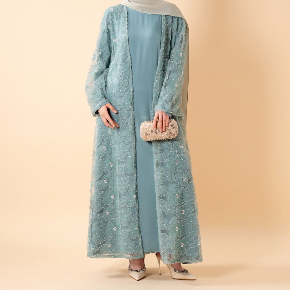 Mesh Flower Bead Open Abaya and Satin Interior Dress 2-Piece Set  | Elegant Muslim Wedding Guest Outfit(MOA222)