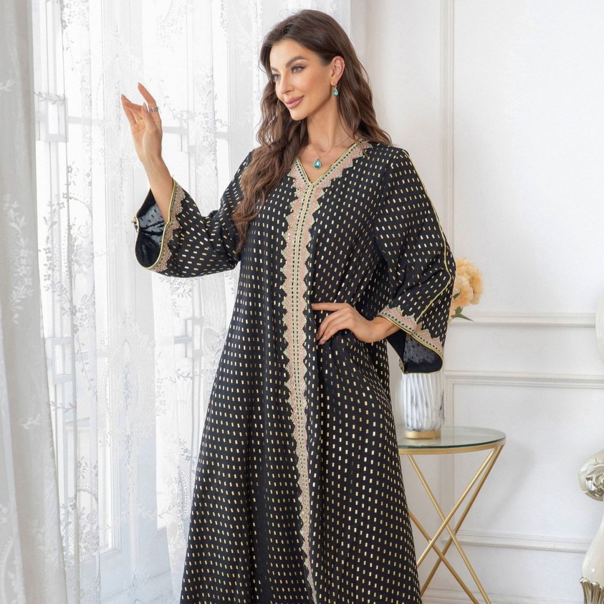 Metallic Embroidered Lace Trim Abaya (MA367)