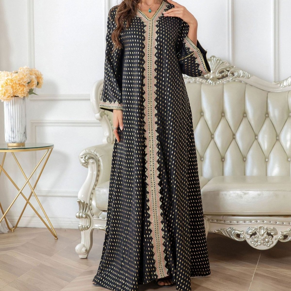 Metallic Embroidered Lace Trim Abaya (MA367)