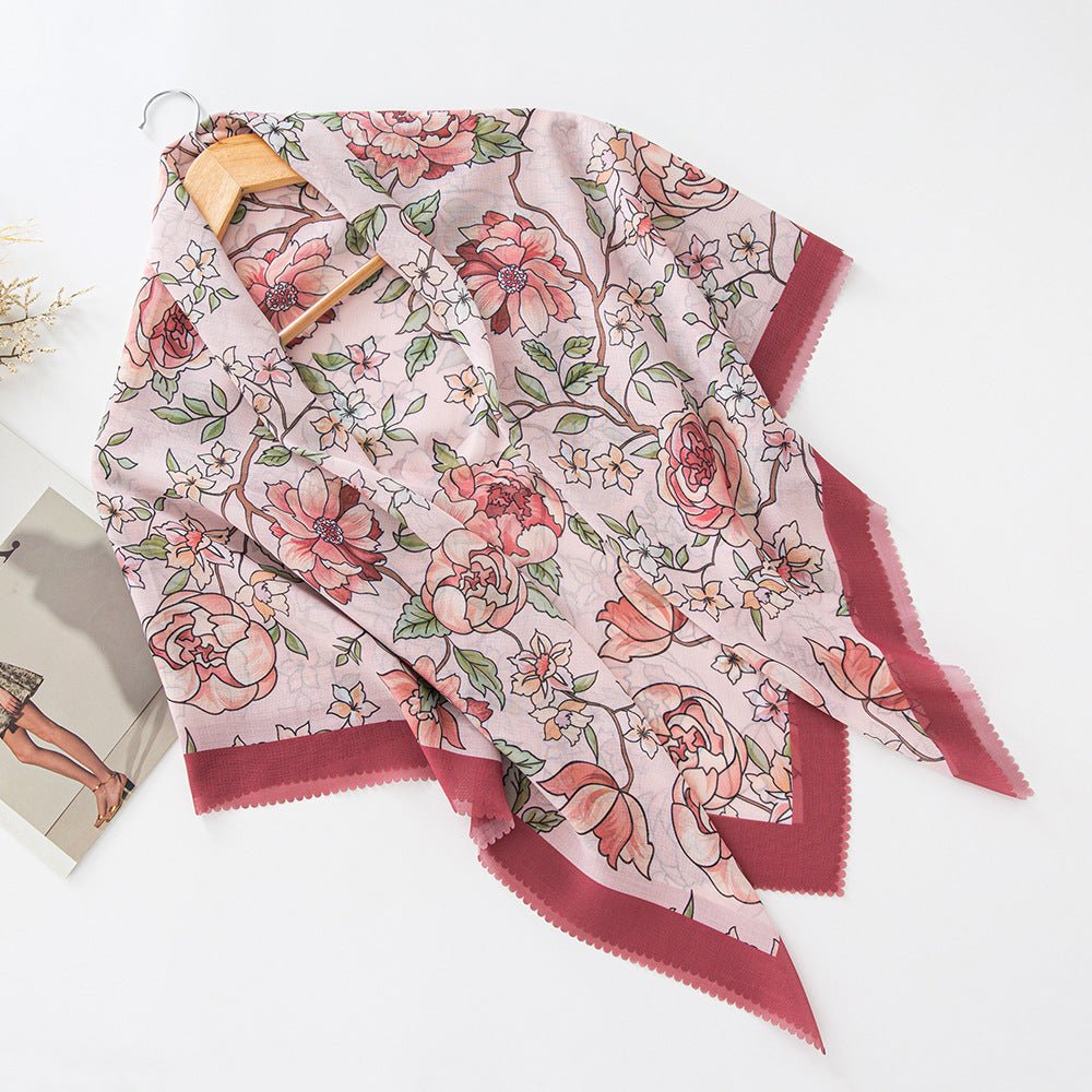 MH072 Square Floral Print Wavy Cut-off Voile Hijab