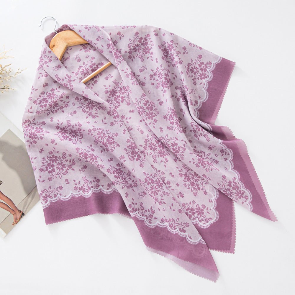 MH072 Square Floral Print Wavy Cut-off Voile Hijab