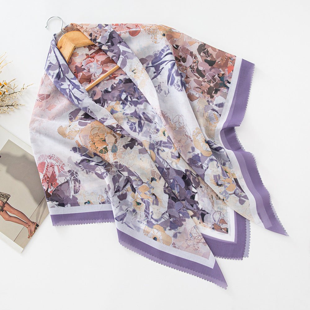 MH072 Square Floral Print Wavy Cut-off Voile Hijab