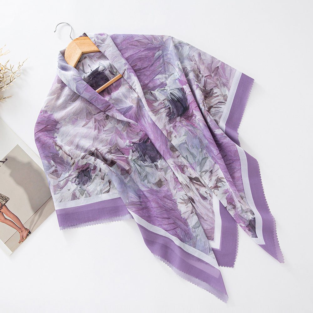 MH072 Square Floral Print Wavy Cut-off Voile Hijab