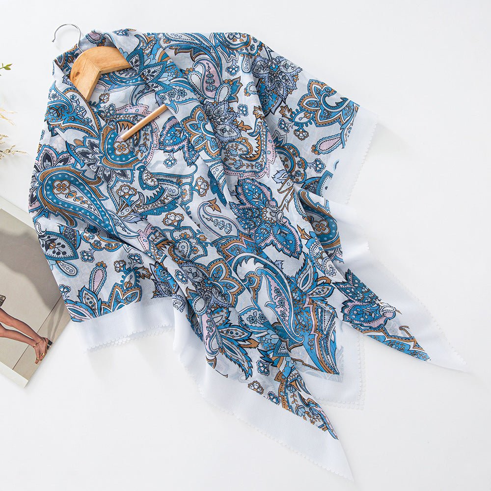 MH072 Square Floral Print Wavy Cut-off Voile Hijab