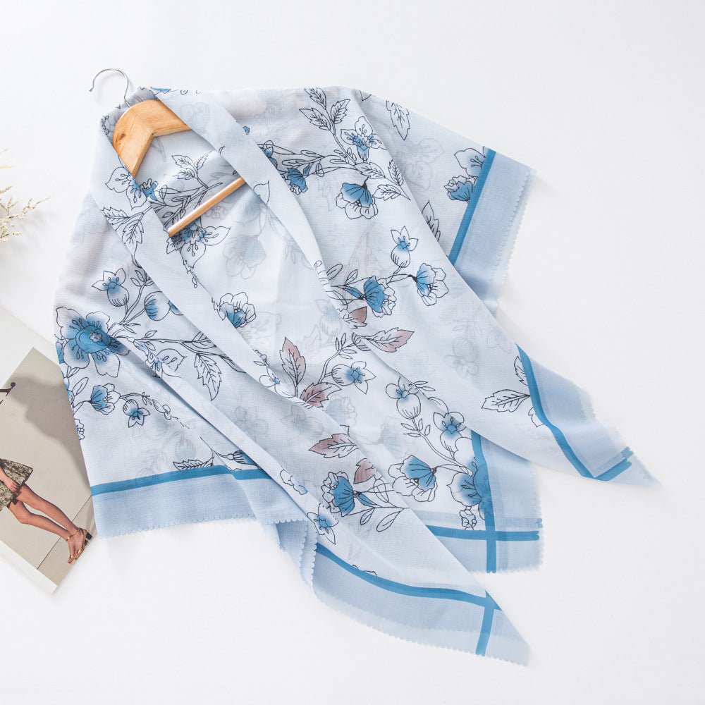 MH072 Square Floral Print Wavy Cut-off Voile Hijab