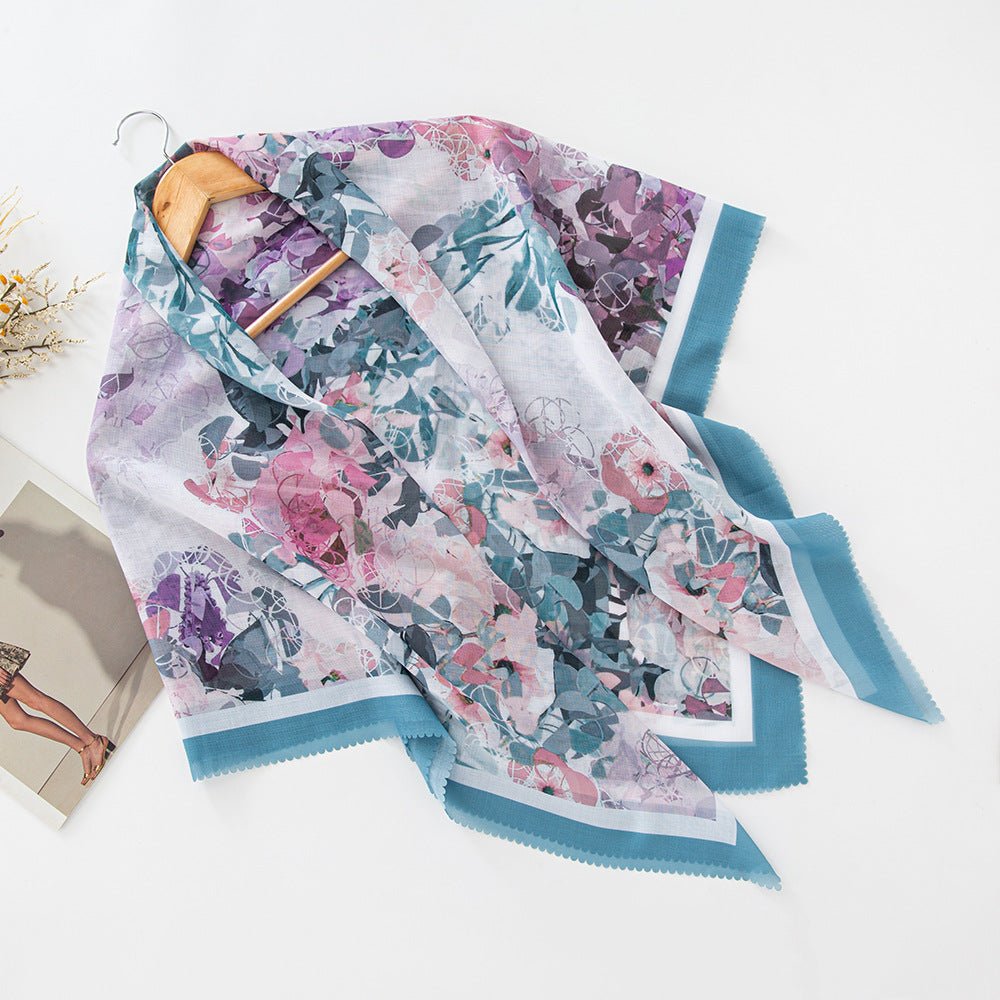 MH072 Square Floral Print Wavy Cut-off Voile Hijab
