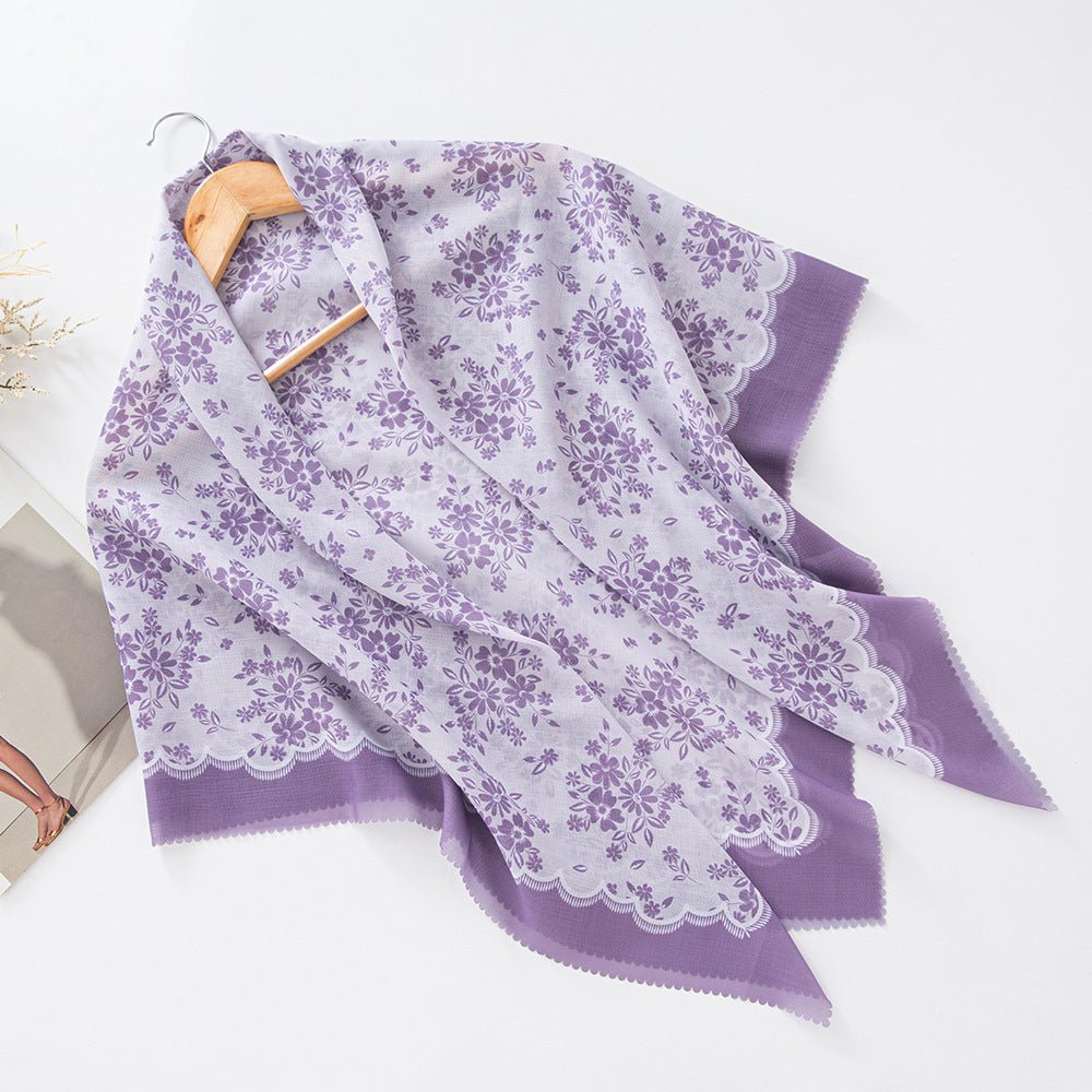 MH072 Square Floral Print Wavy Cut-off Voile Hijab