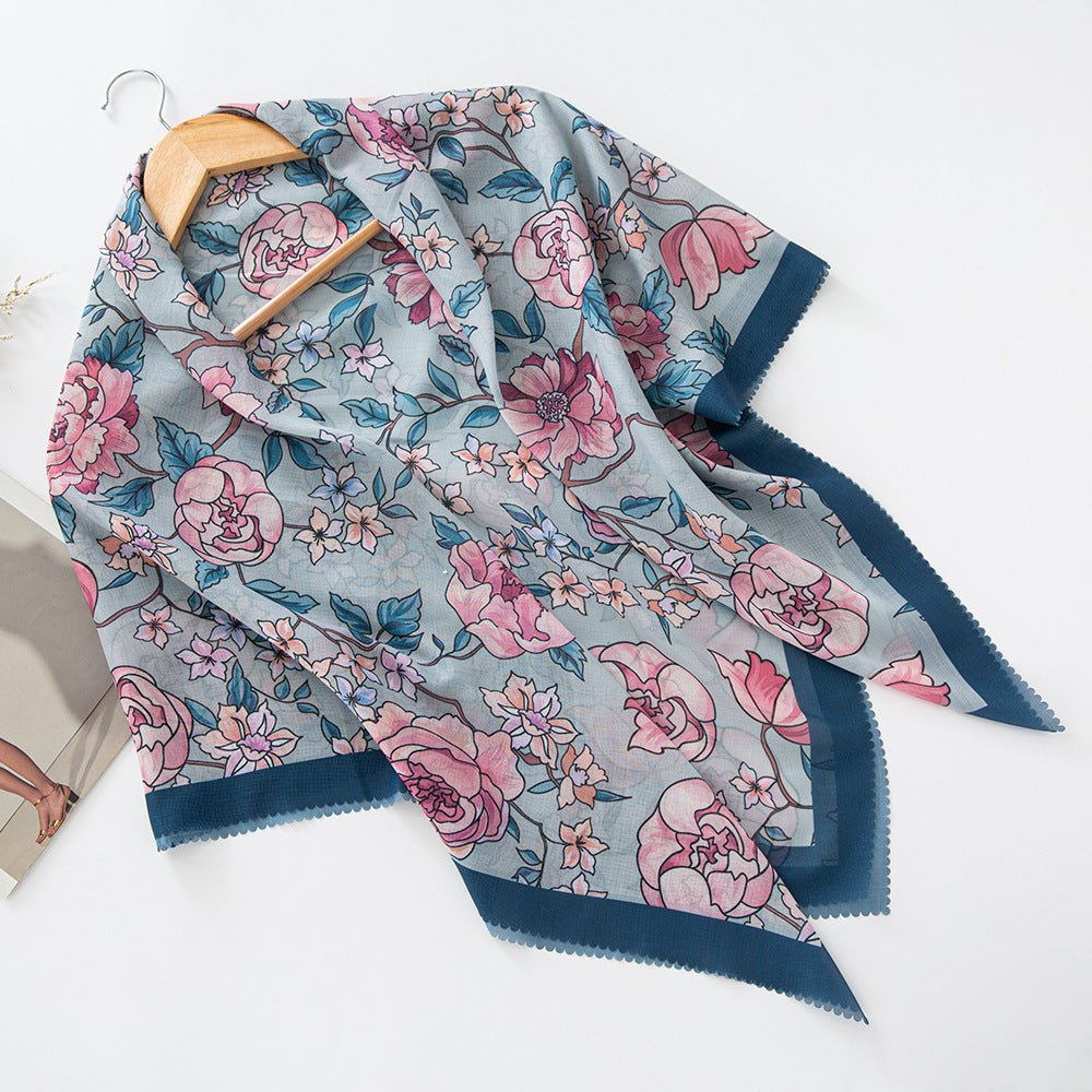 MH072 Square Floral Print Wavy Cut-off Voile Hijab