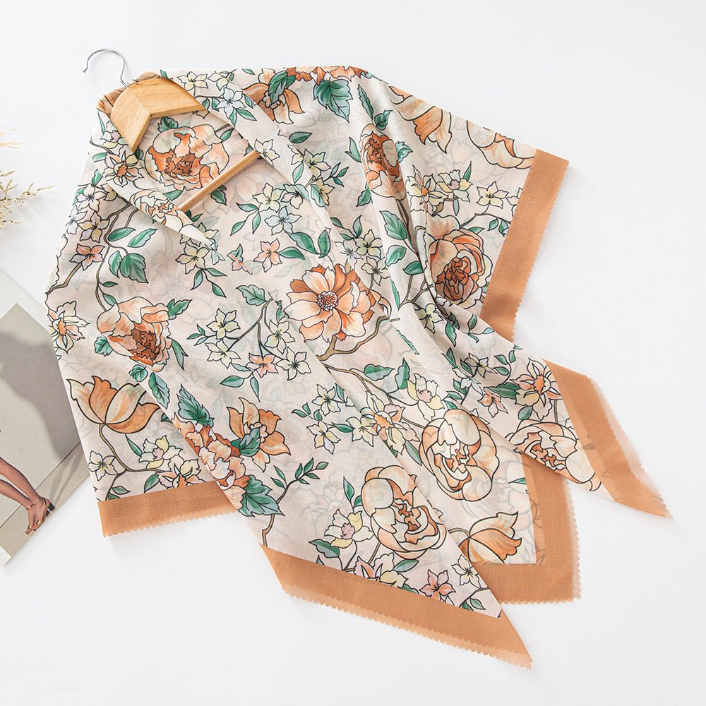 MH072 Square Floral Print Wavy Cut-off Voile Hijab
