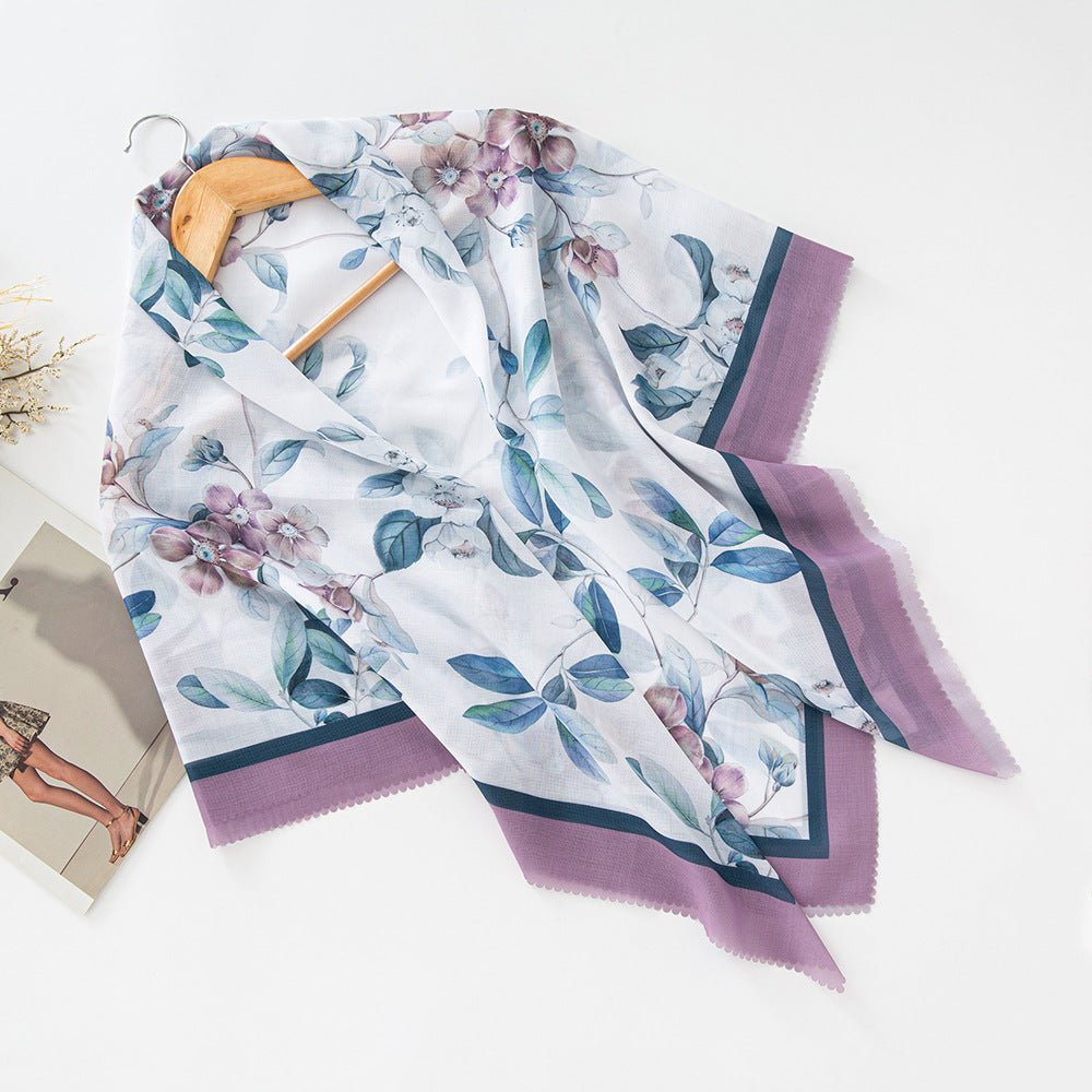 MH072 Square Floral Print Wavy Cut-off Voile Hijab