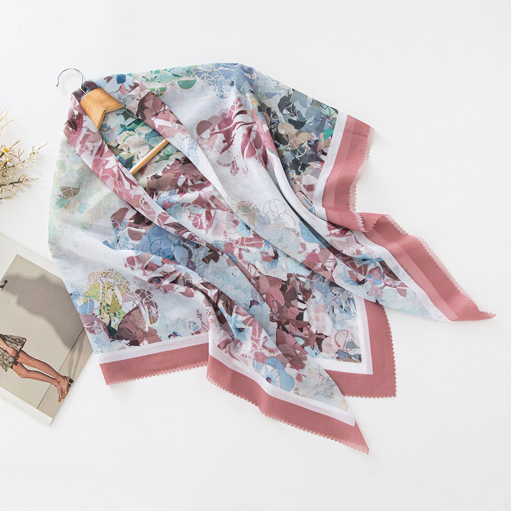 MH072 Square Floral Print Wavy Cut-off Voile Hijab