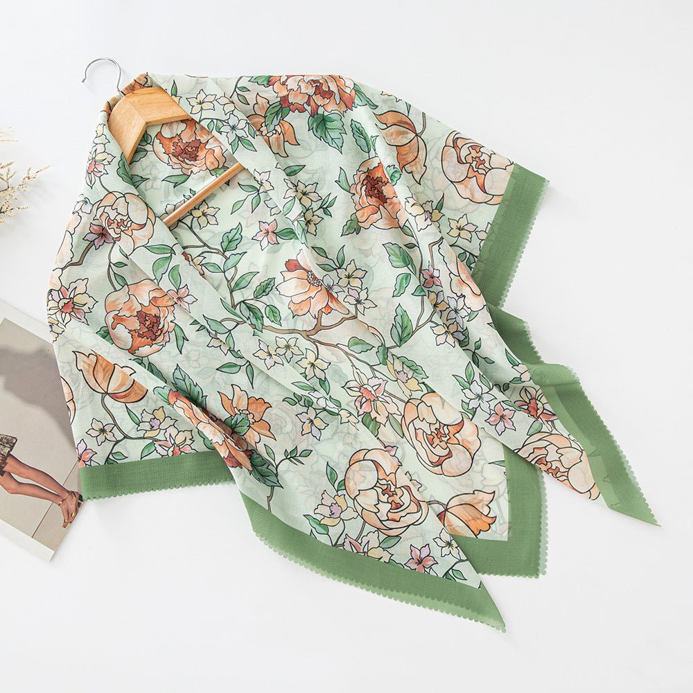 MH072 Square Floral Print Wavy Cut-off Voile Hijab