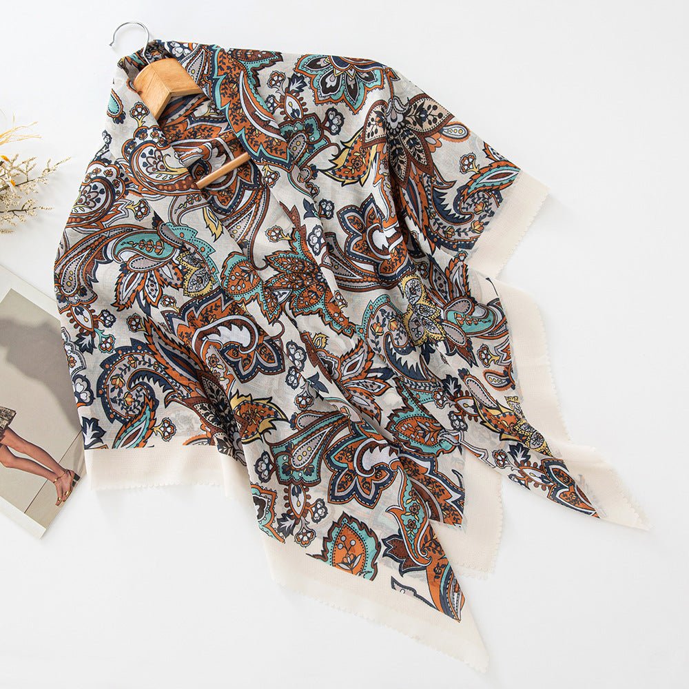 MH072 Square Floral Print Wavy Cut-off Voile Hijab