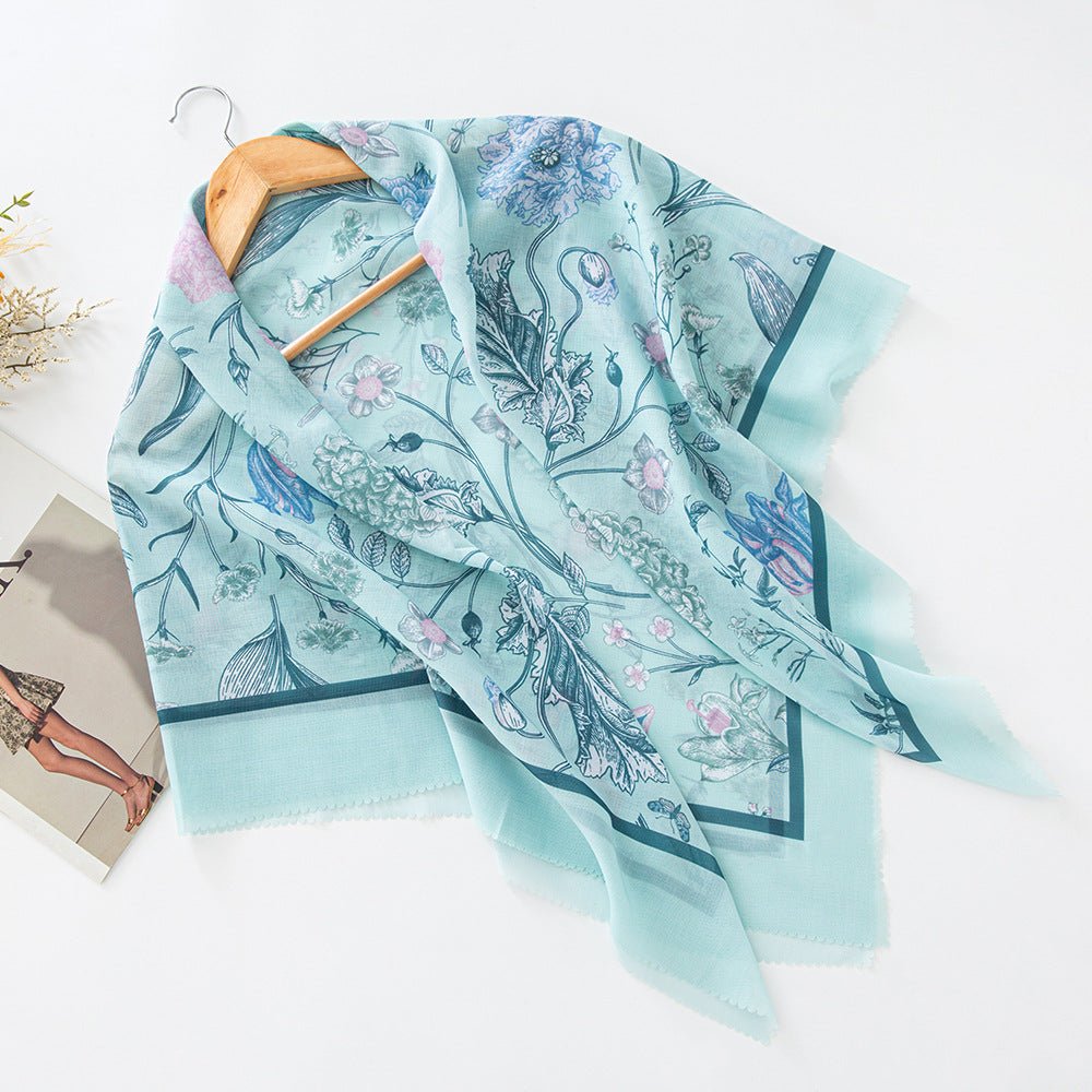 MH072 Square Floral Print Wavy Cut-off Voile Hijab