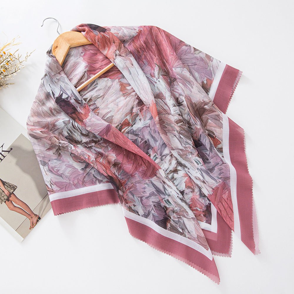 MH072 Square Floral Print Wavy Cut-off Voile Hijab