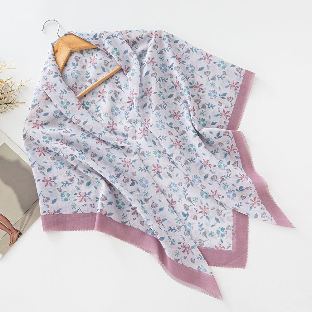 MH072 Square Floral Print Wavy Cut-off Voile Hijab