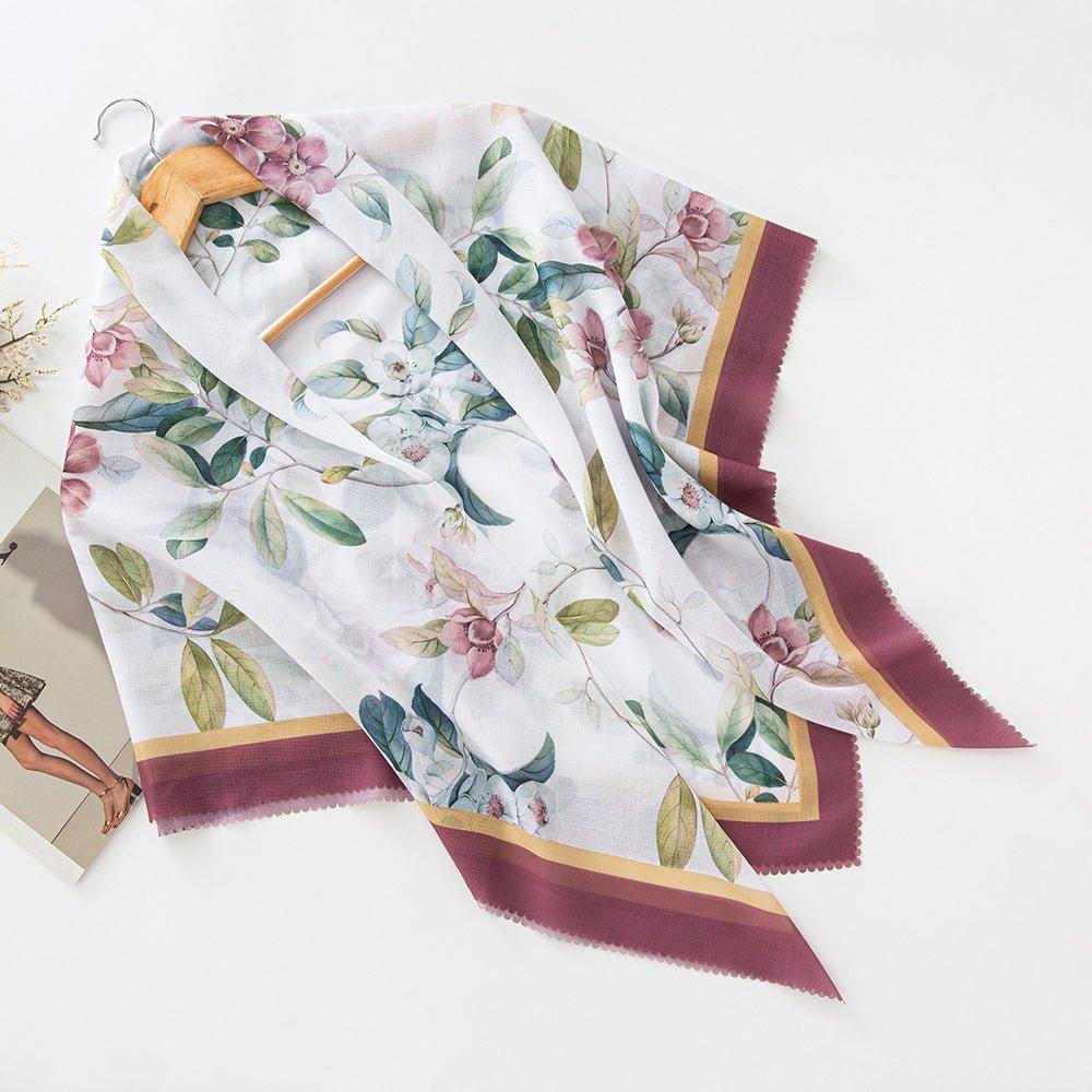 MH072 Square Floral Print Wavy Cut-off Voile Hijab
