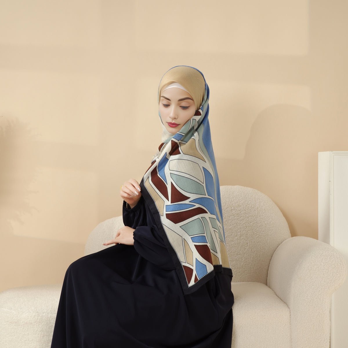 MH095 Printed Colorblock Geometric and Natural Floral Pattern Cotton and Linen Blend Shawl