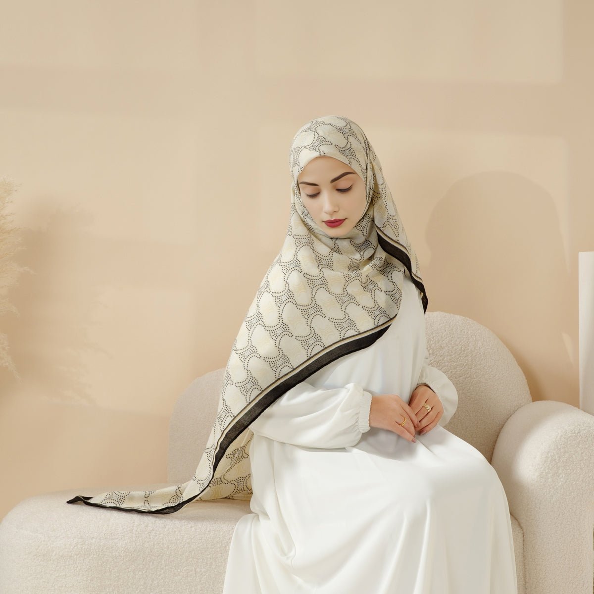 MH095 Printed Colorblock Geometric and Natural Floral Pattern Cotton and Linen Blend Shawl