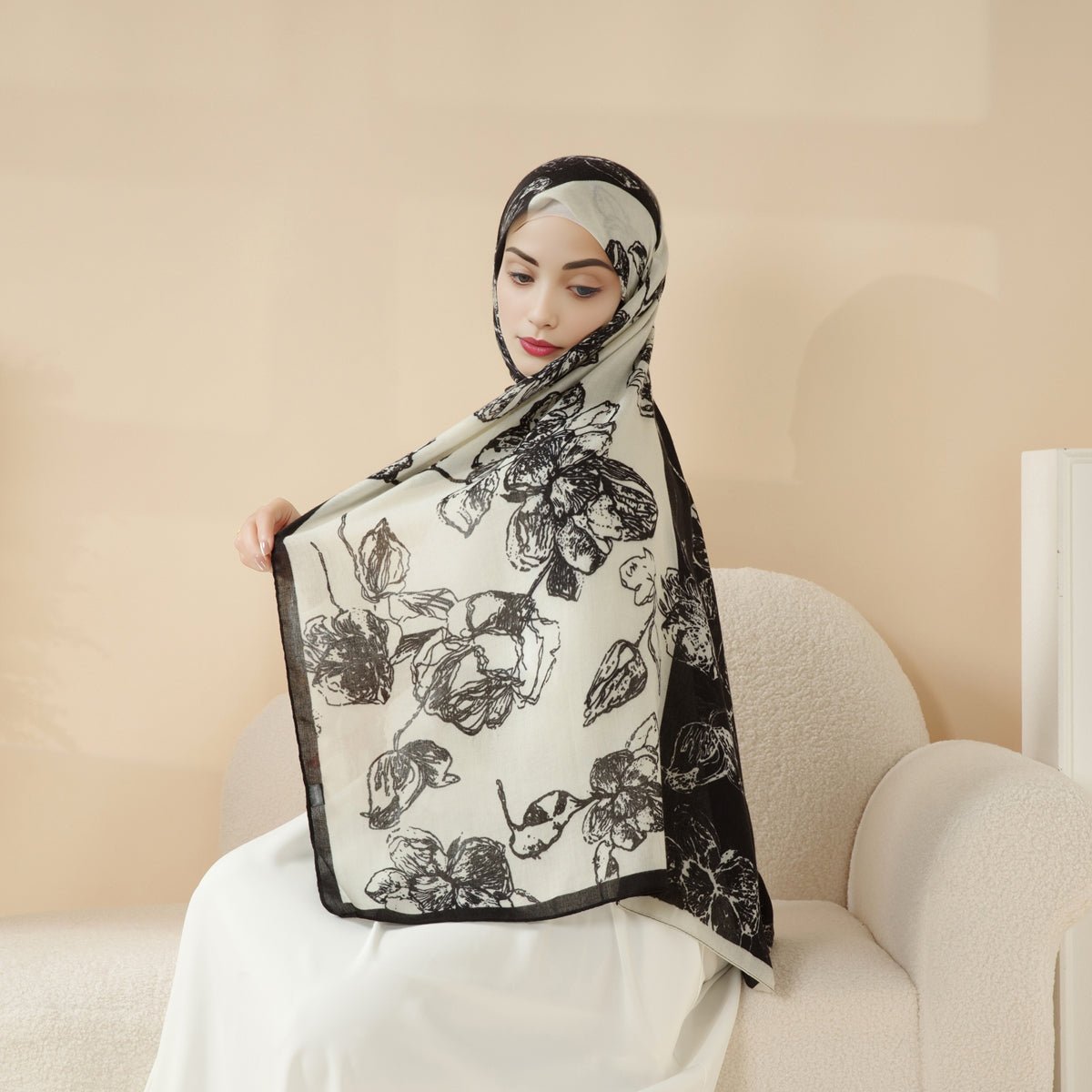 MH095 Printed Colorblock Geometric and Natural Floral Pattern Cotton and Linen Blend Shawl