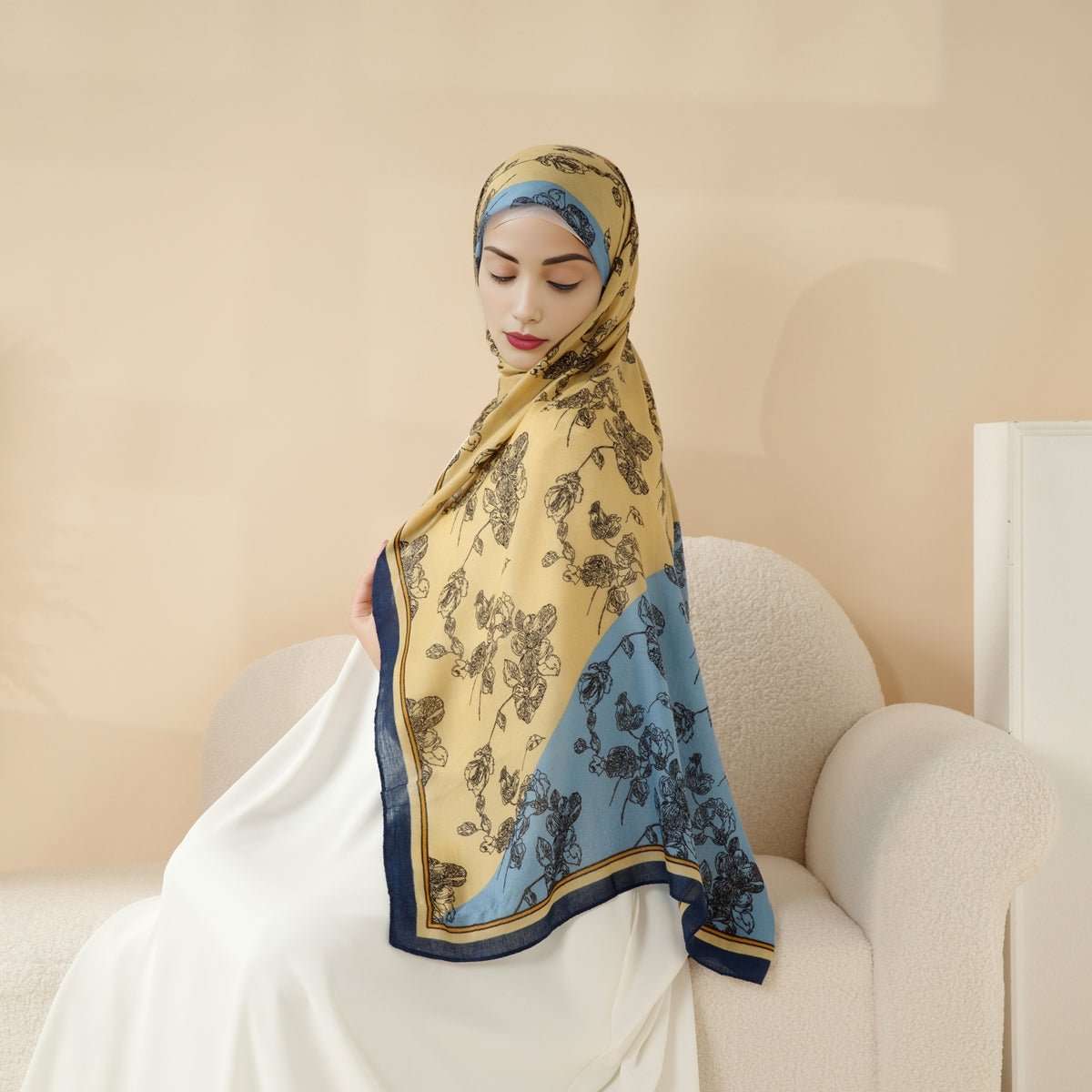 MH095 Printed Colorblock Geometric and Natural Floral Pattern Cotton and Linen Blend Shawl