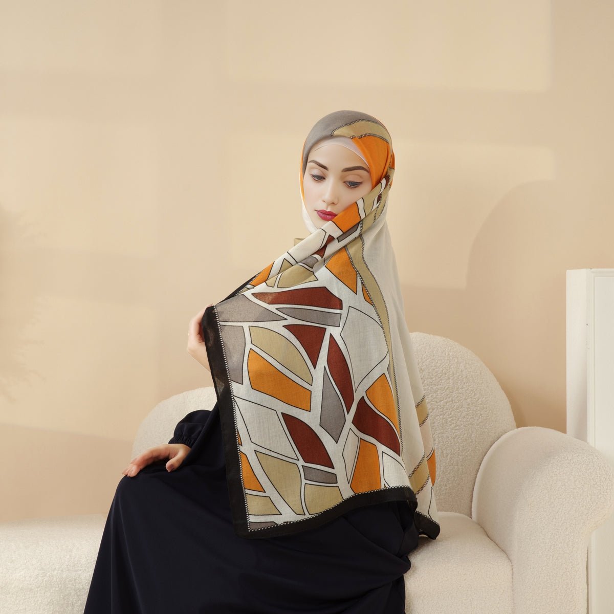 MH095 Printed Colorblock Geometric and Natural Floral Pattern Cotton and Linen Blend Shawl