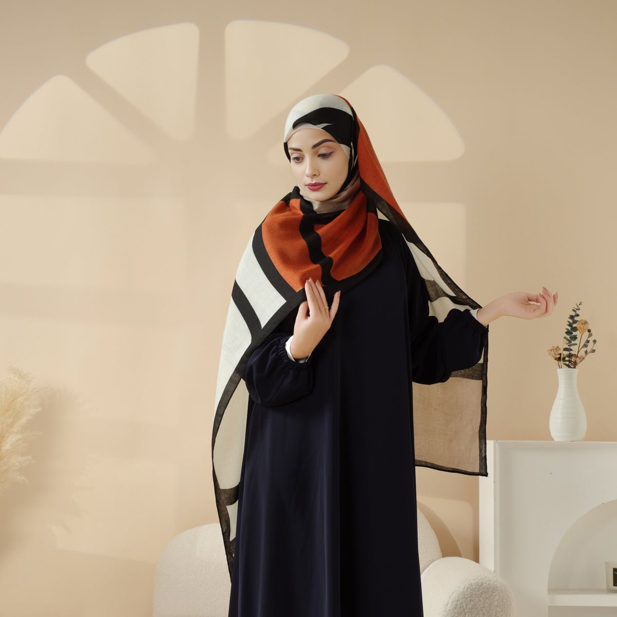 MH095 Printed Colorblock Geometric and Natural Floral Pattern Cotton and Linen Blend Shawl