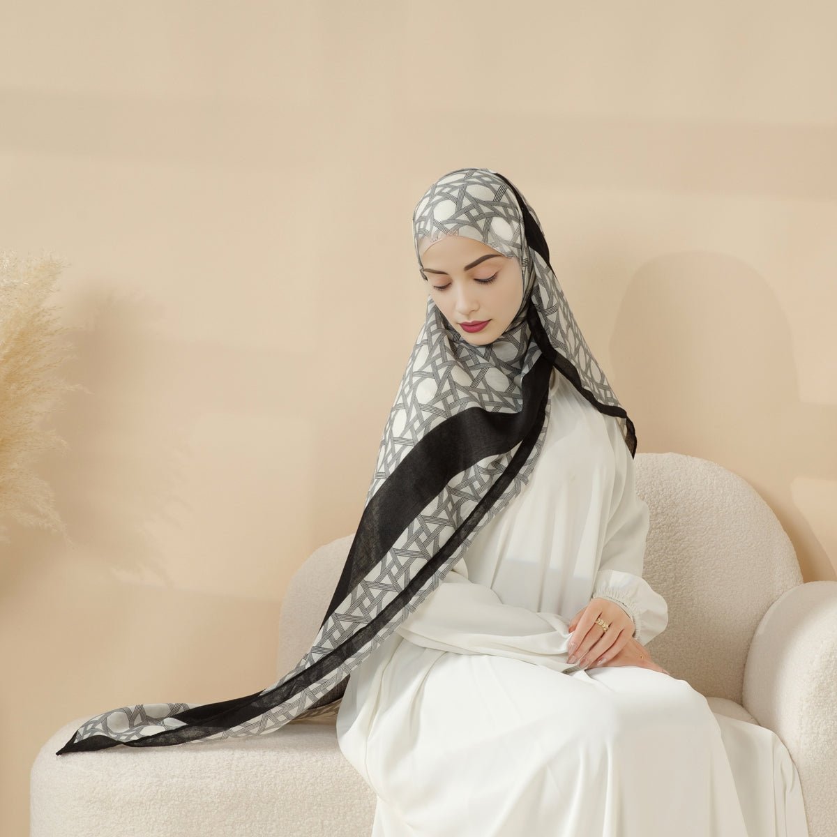 MH095 Printed Colorblock Geometric and Natural Floral Pattern Cotton and Linen Blend Shawl