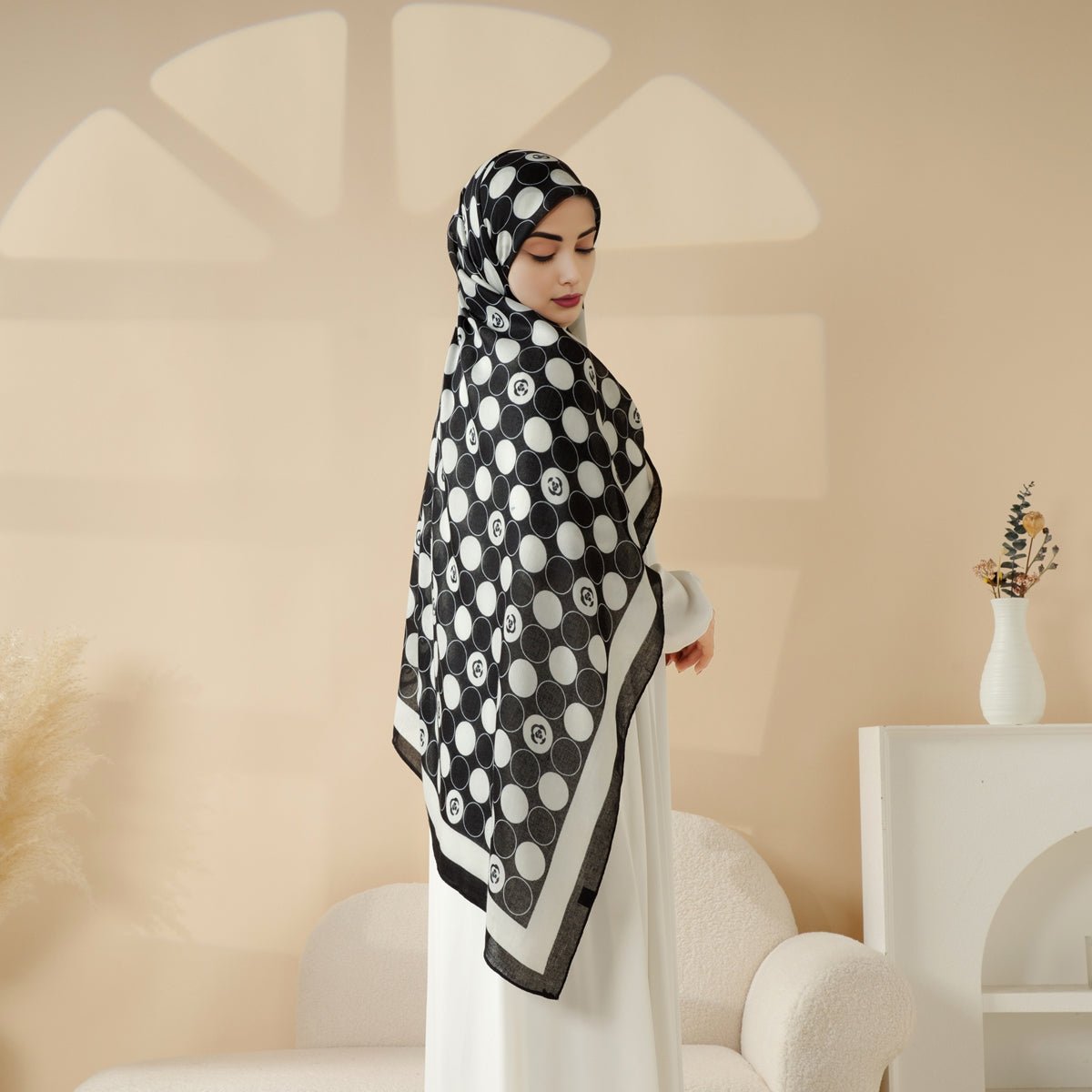 MH095 Printed Colorblock Geometric and Natural Floral Pattern Cotton and Linen Blend Shawl