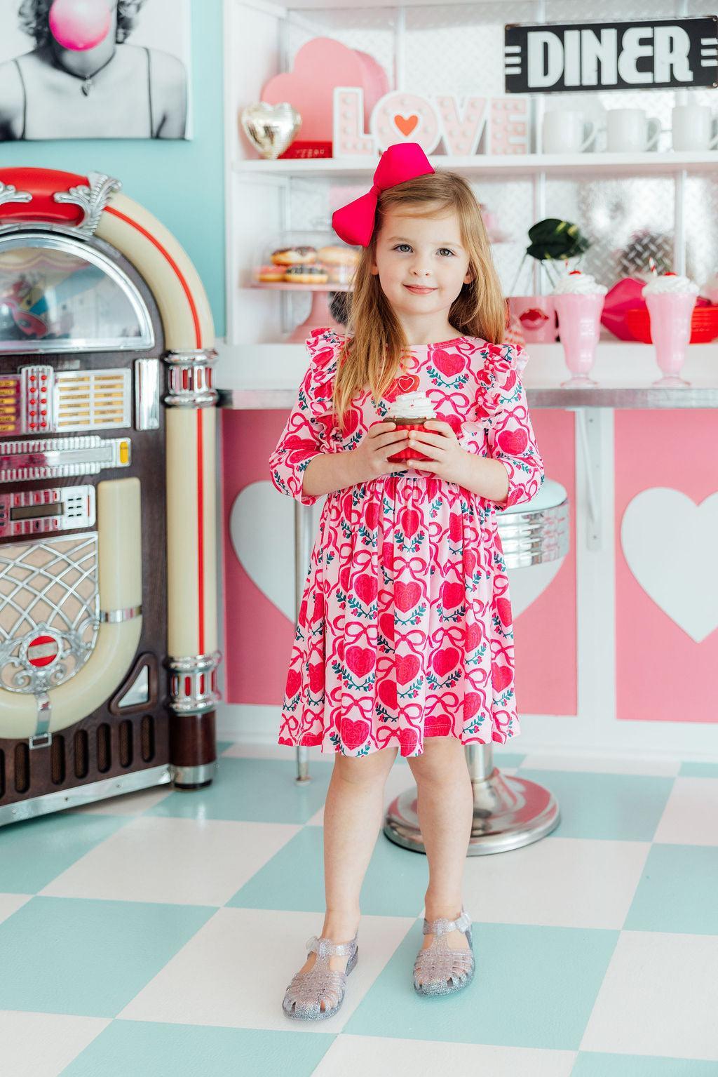 Fluttering Hearts 3/4 Sleeve Ruffle Twirl Dress