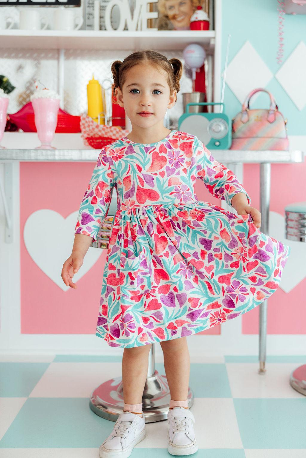Watercolor Hearts 3/4 Sleeve Pocket Twirl Dress