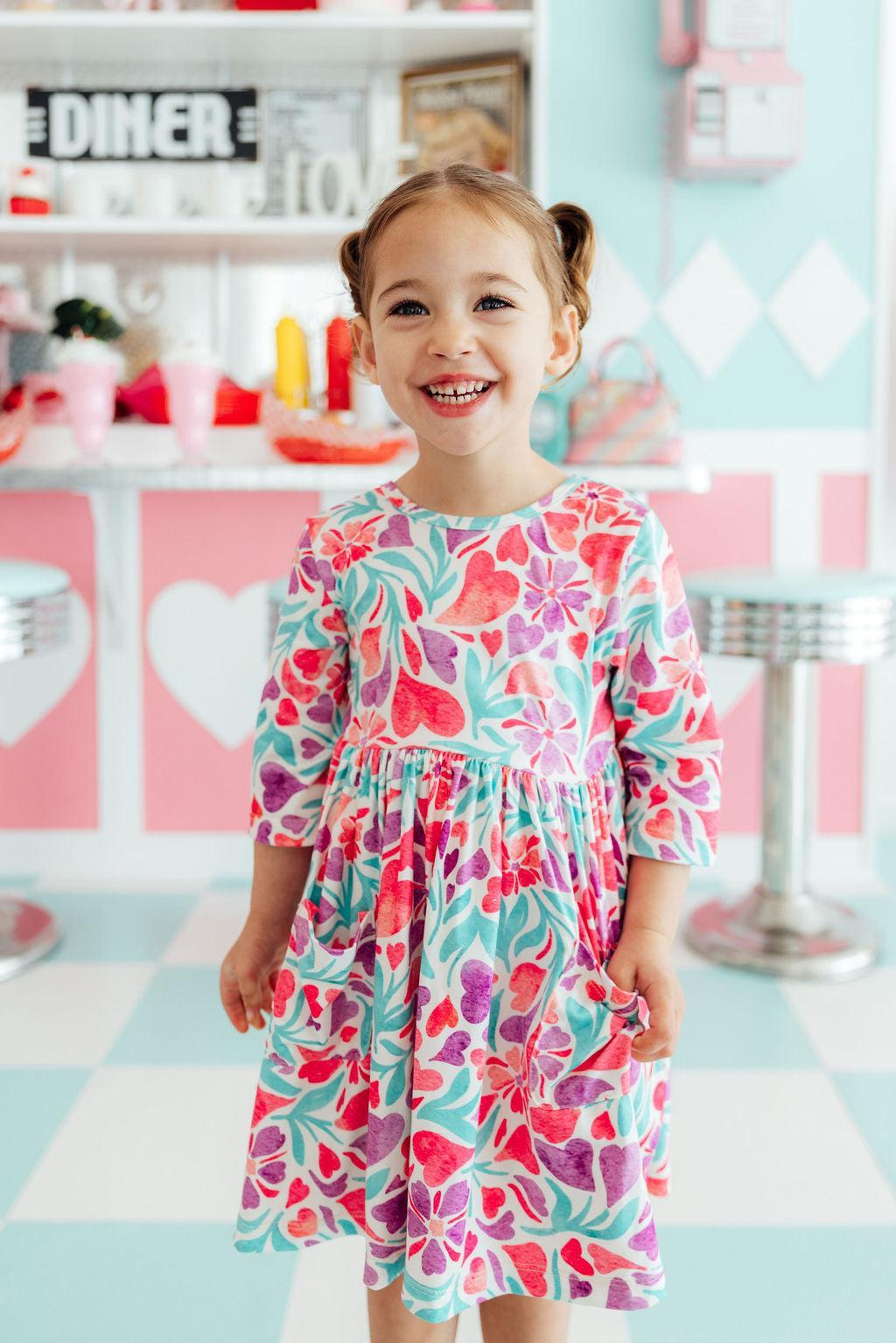 Watercolor Hearts 3/4 Sleeve Pocket Twirl Dress