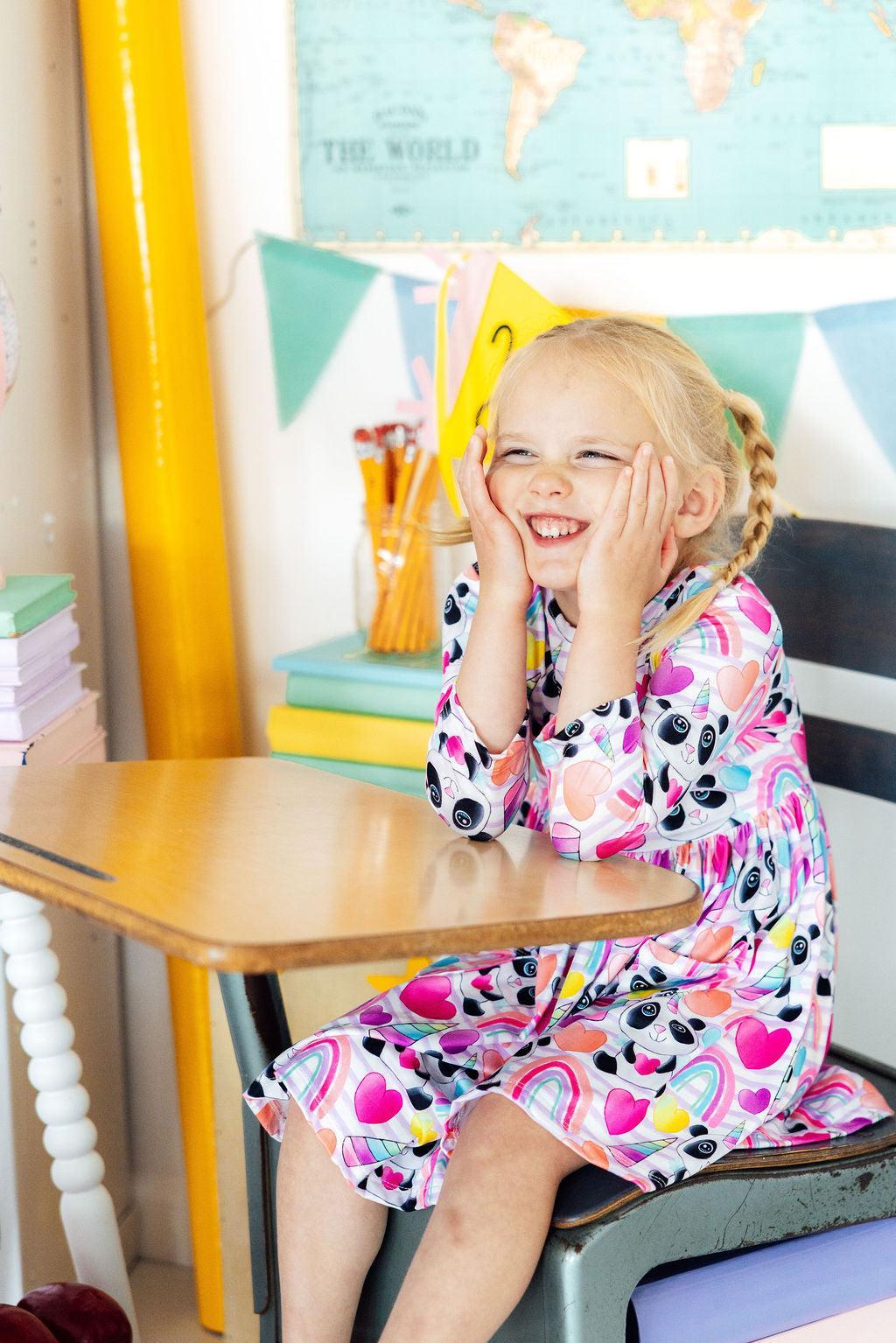 Peace, Love & Pandacorns 3/4 Sleeve Pocket Twirl Dress