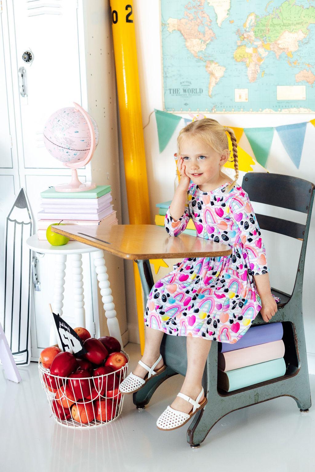 Peace, Love & Pandacorns 3/4 Sleeve Pocket Twirl Dress