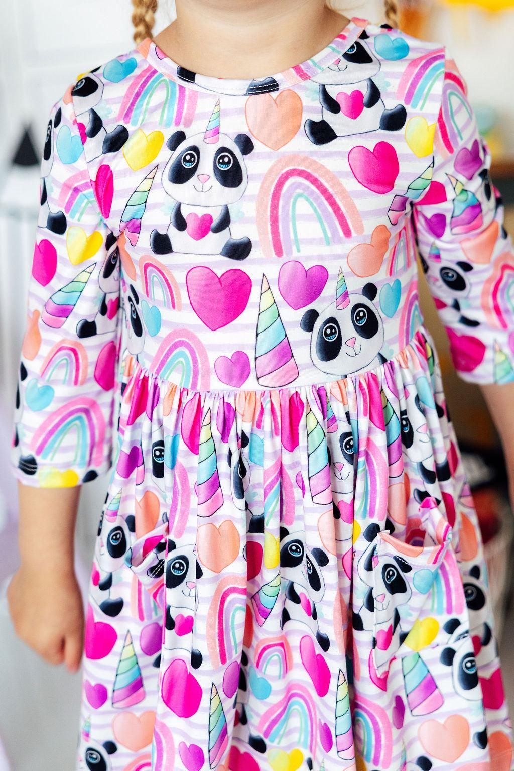 Peace, Love & Pandacorns 3/4 Sleeve Pocket Twirl Dress