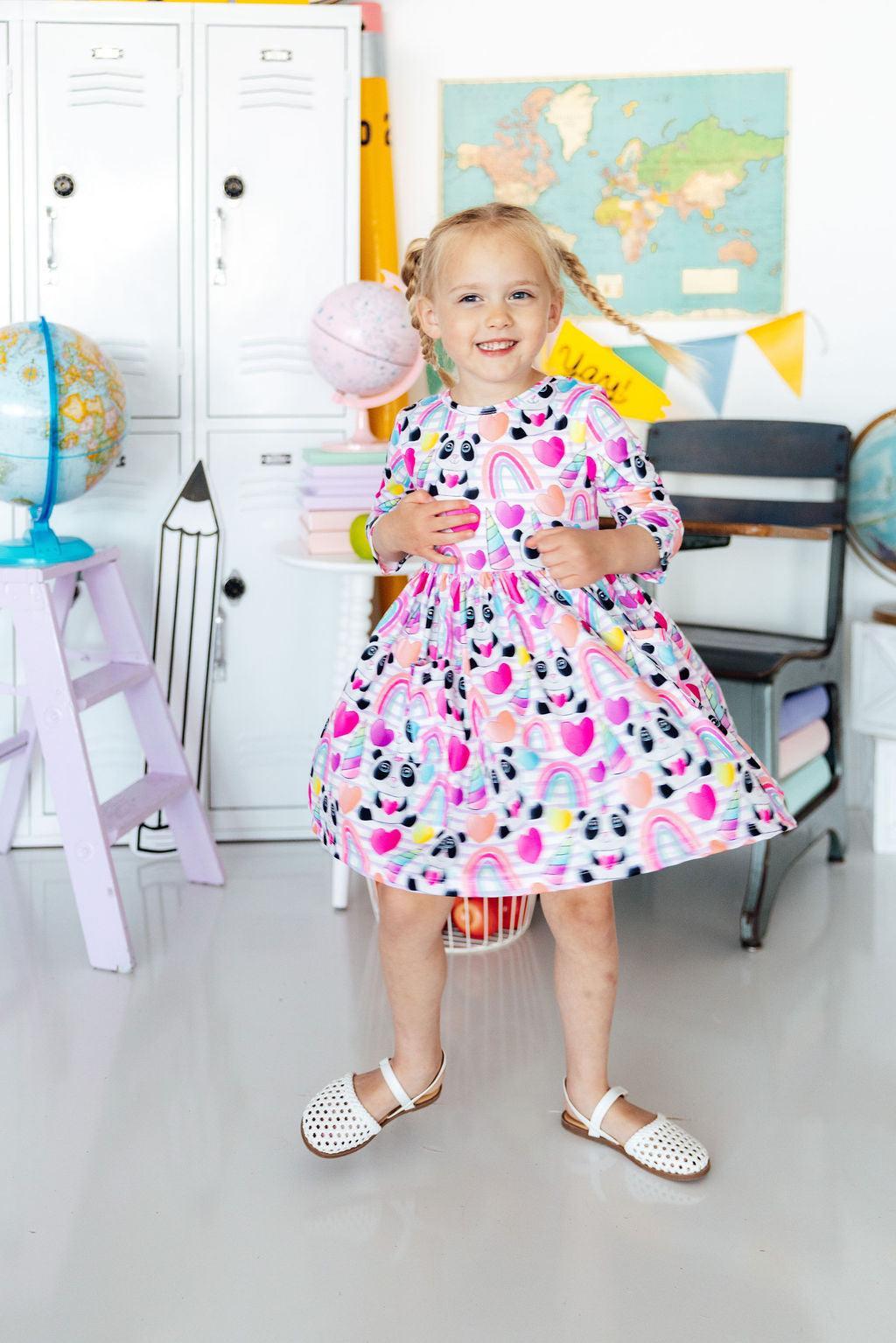 Peace, Love & Pandacorns 3/4 Sleeve Pocket Twirl Dress