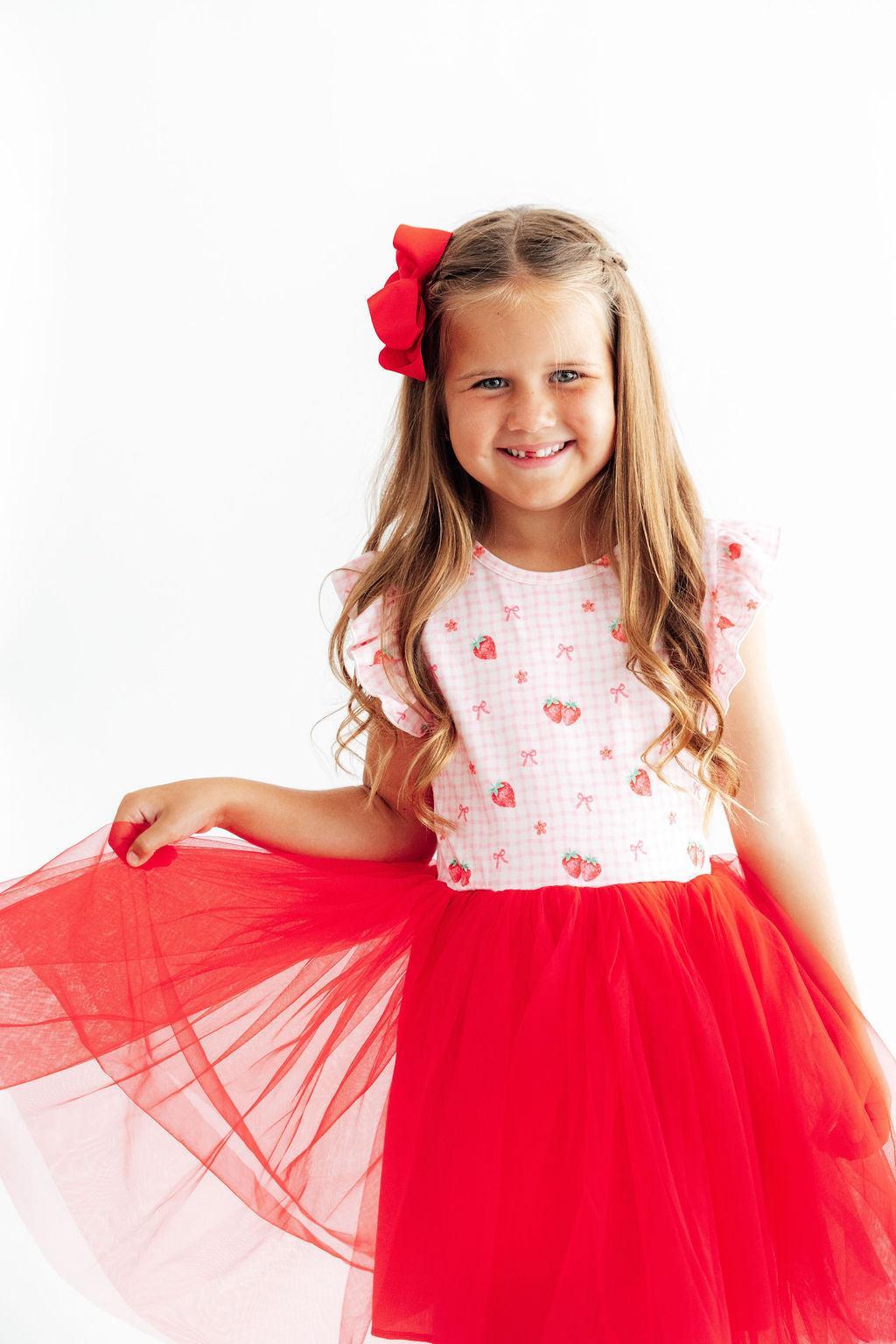 Summer Strawberries Flutter Sleeve Tutu Dress