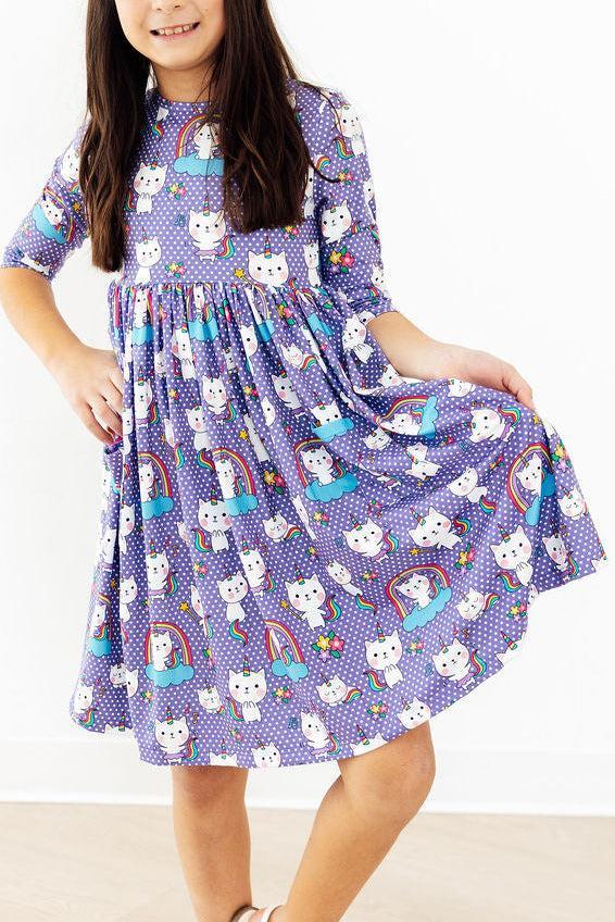 Kitties in the Clouds 3/4 Sleeve Pocket Twirl Dress