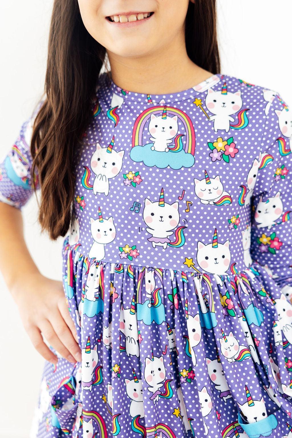 Kitties in the Clouds 3/4 Sleeve Pocket Twirl Dress